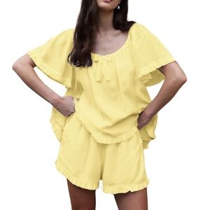 NIP Yellow Ruffle Bow Front Top and Short Lounge Set Size XL